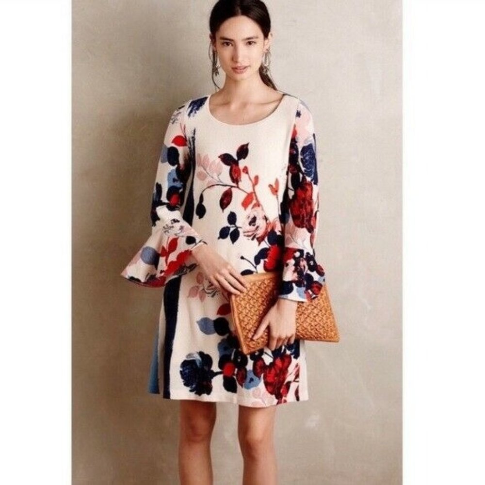Anthropologie Maeve Floral Knit Long Sleeve Dress Women X Small XS
